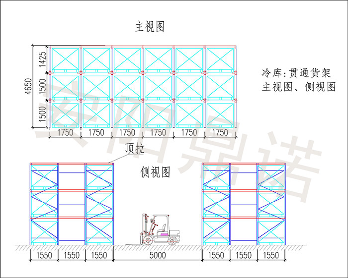 冷库重型贯通货架主视图、侧视图